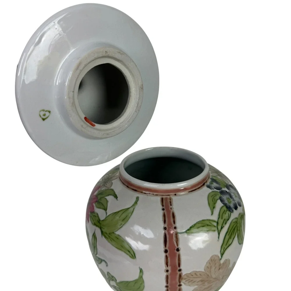 Hand Painted Floral Porcelain Ginger Jar with Lid White Pink Green 12 Inch